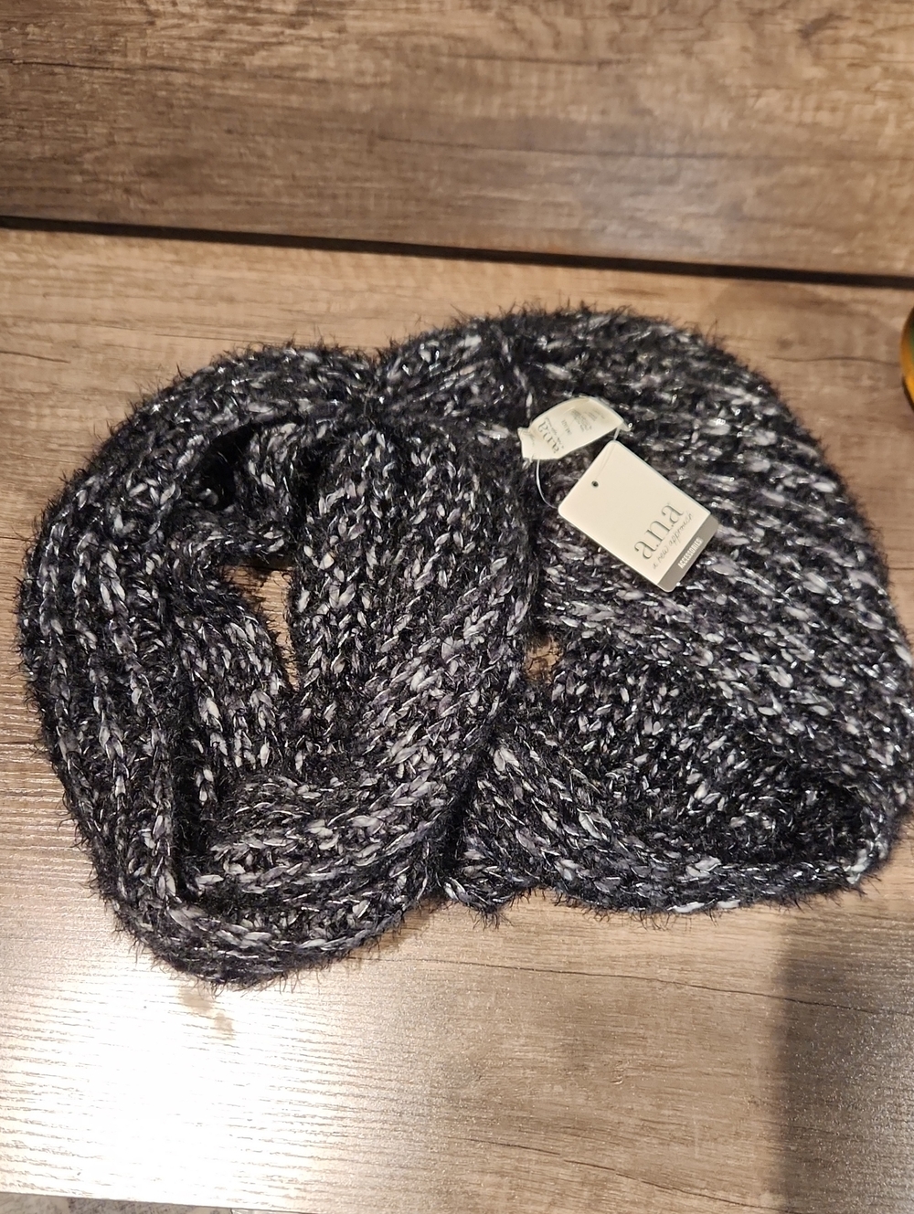 NWT A.N.A. Marled Black and Gray Knit Infinity Scarf O/S